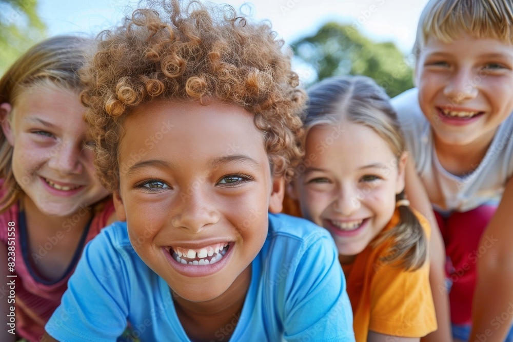 Portrait of smiling children looking at camera in park on sunny day Portrait of smiling children looking at camera in park on sunny day