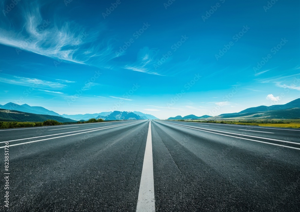 A wide highway with a blue sky and white clouds in the background. Green mountains on both sides of the road with trees growing along each side A wide highway with a blue sky and white clouds in the background. Green mountains on both sides of the road with trees growing along each side