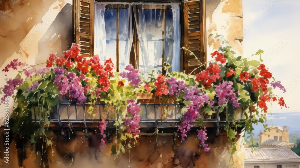 Fototapeta premium Italian window and balcony facade with flowers front view watercolor painting