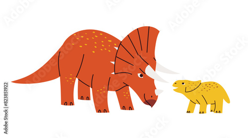 Dinosaur parent and child, cute mother and baby Triceratops dinosaurs, hand drawn isolated vector illustration in flat childish design