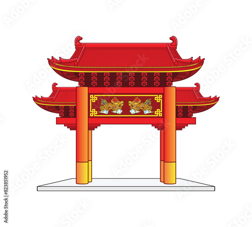 Chinese gate called Paifang symbols or gateway or entrance of china town with banner included two Chinese dragon playing golden dragon ball drawing in colorful cartoon vector