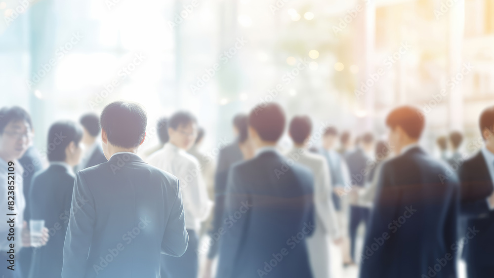Fototapeta premium A group of business people standing in the meeting place while greeting and sharing to each other, isolated on a blurry with glare light of a city background. Generative AI.