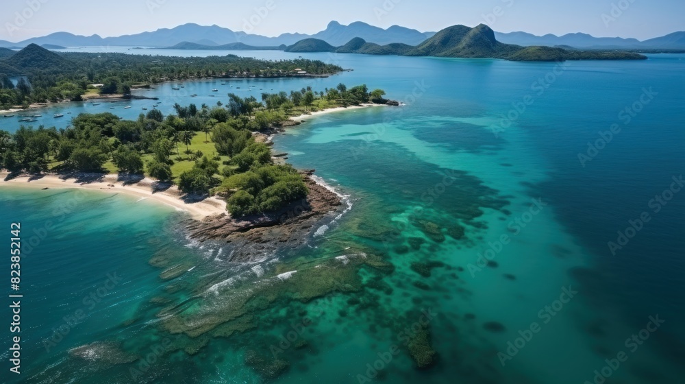 Crystal-clear waters along a tropical coastline with lush greenery and small islets from an aerial perspective