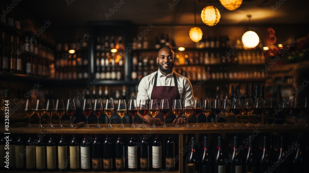 Fototapeta premium Professional bartender confidently standing behind a well-stocked bar with an array of wine glasses