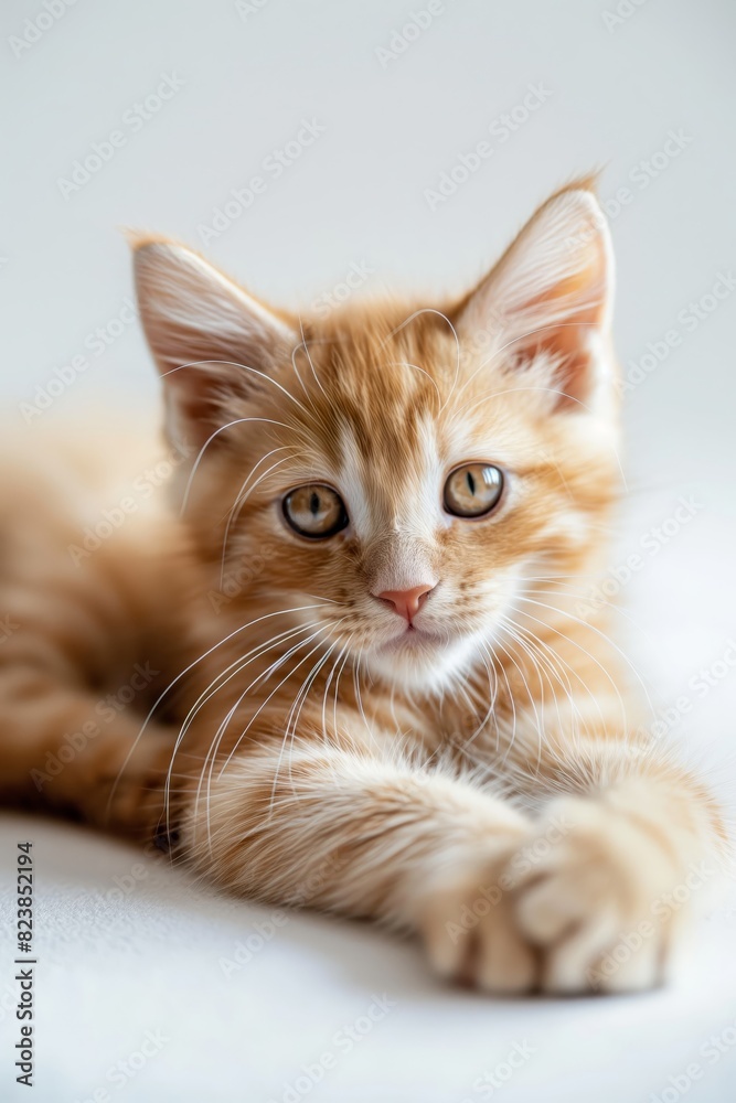 A cute orange kitten is laying on a white surface