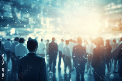 A group of business people standing in the meeting place while greeting and sharing to each other, isolated on a blurry with glare light of a city background. Generative AI.