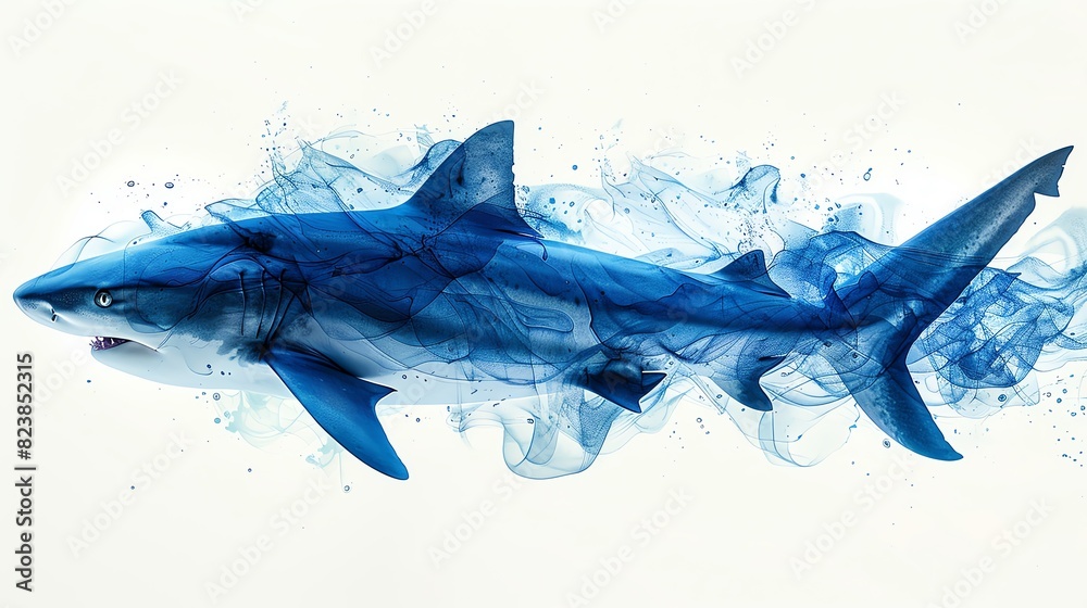 Illustration of a shark made of blue smoke. The shark is facing the left of the viewer. The background is white.