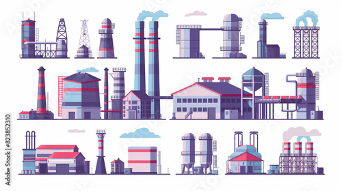 Architectural theme. Industrial Building Concept Eco Style Factory City Landscape. Set of factory style or industrial building flat design style icons. Structures with pipes and chimney. Vector.