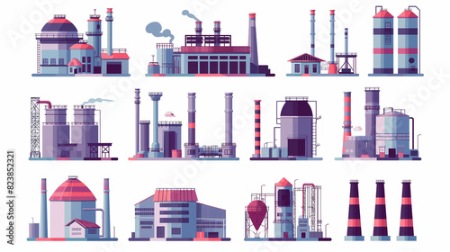 Architectural theme. Industrial Building Concept Eco Style Factory City Landscape. Set of factory style or industrial building flat design style icons. Structures with pipes and chimney. Vector.