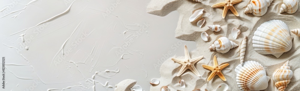 Close-up of seashells and starfish on a sandy surface with water droplets, perfect for summer, beach, and marine-themed designs and backgrounds.