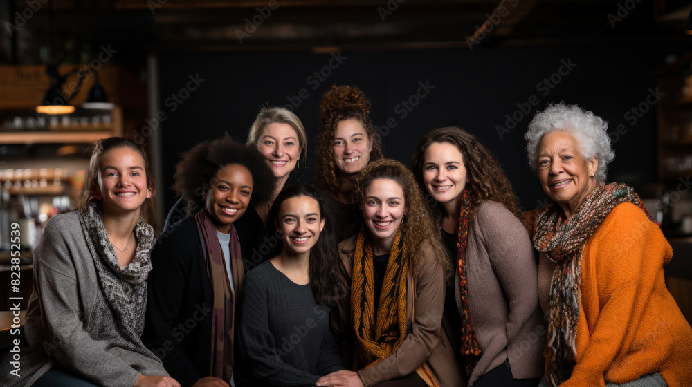 Fototapeta premium A multi-generational portrait of diverse women smiling together in an indoor setting