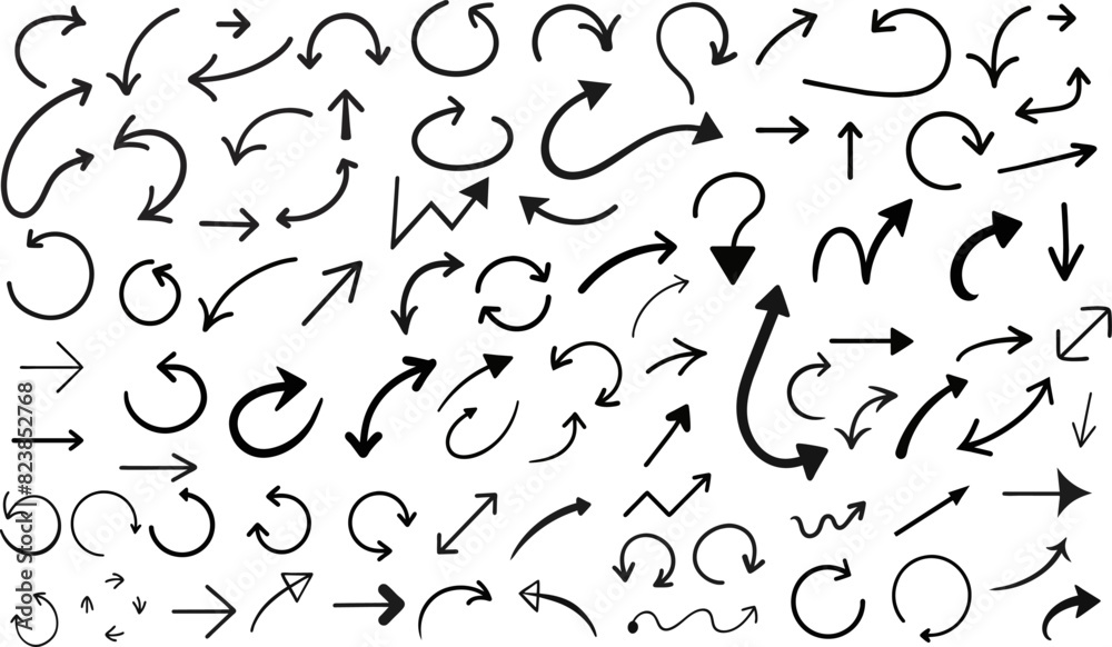 Collection hand drawn arrows. Set simple arrows isolated on white background. Arrow mark icons. Collection hand drawn arrows. Set simple arrows isolated on white background. Arrow mark icons.