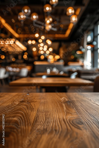 A polished wooden table in the foreground with a blurred background of an elegant restaurant. The background shows beautifully set tables with white linens, stylish chairs and soft ambient lighting 