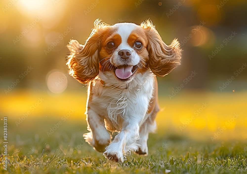 Cute Cavalier King Charles Spaniel running in public park. Cute Cavalier King Charles Spaniel running in public park.