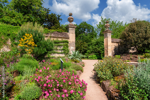 View of the Oxford Botanic Garden, plants, flowers and the historical gate which is the oldest in Great Britain university, in the spring season