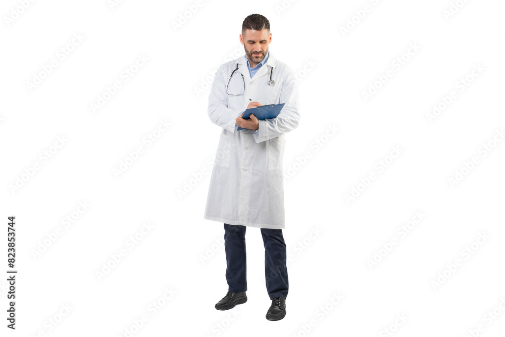 A man doctor, dressed in a white coat, stands against a white background while writing on a blue clipboard. He appears focused on his task, indicating a commitment to his medical duties. A man doctor, dressed in a white coat, stands against a white background while writing on a blue clipboard. He appears focused on his task, indicating a commitment to his medical duties.