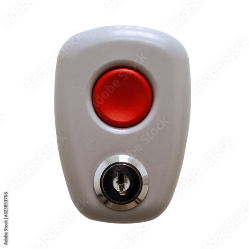 red alarm button with a key lock. isolated on white, security concept