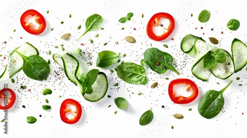 Fresh Spinach Salad Ingredients with Sliced Red Bell Peppers and Cucumber Ribbons Against White Background - Ideal for Healthy Eating and Food Photography