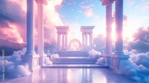 3D render the throne podium of the goddess living place. dreamy of the heaven sense decoration by Roman stigma elements, sky landscape background starry 