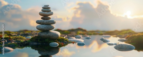 A stack of smooth stones balanced on top of each other  standing in the moss covered ground beside an empty pool