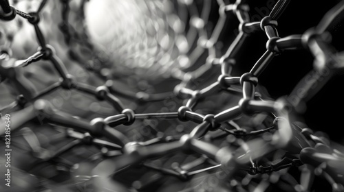 Detailed macro view of a carbon nanotube exhibiting its hexagonal lattice structure, illustrating nanotechnology and material science. photo