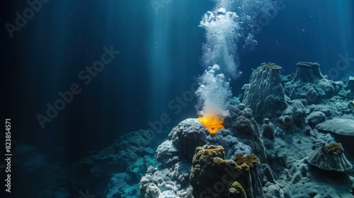 Underwater scene of deep-sea hydrothermal vent glowing amidst dark oceanic depths, highlighting marine geothermal activity and vibrant aquatic life. photo