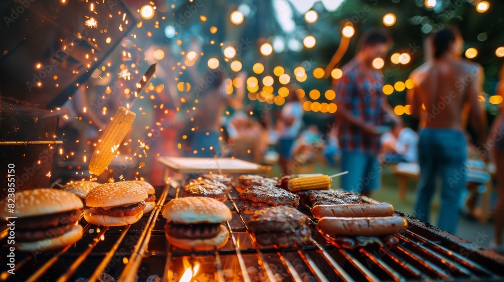 Grilled Hamburgers, Hamburger Buns, and Corn on the Cob Cooking on BBQ Grilled Hamburgers, Hamburger Buns, and Corn on the Cob Cooking on BBQ