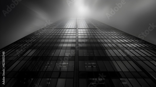 Towering Monochrome Skyscraper Sleek Modern Architecture with Geometric Shapes and Dramatic Contrasts