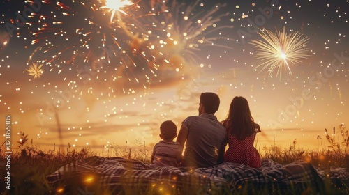 Man and Woman Sitting on Blanket Watching Fireworks