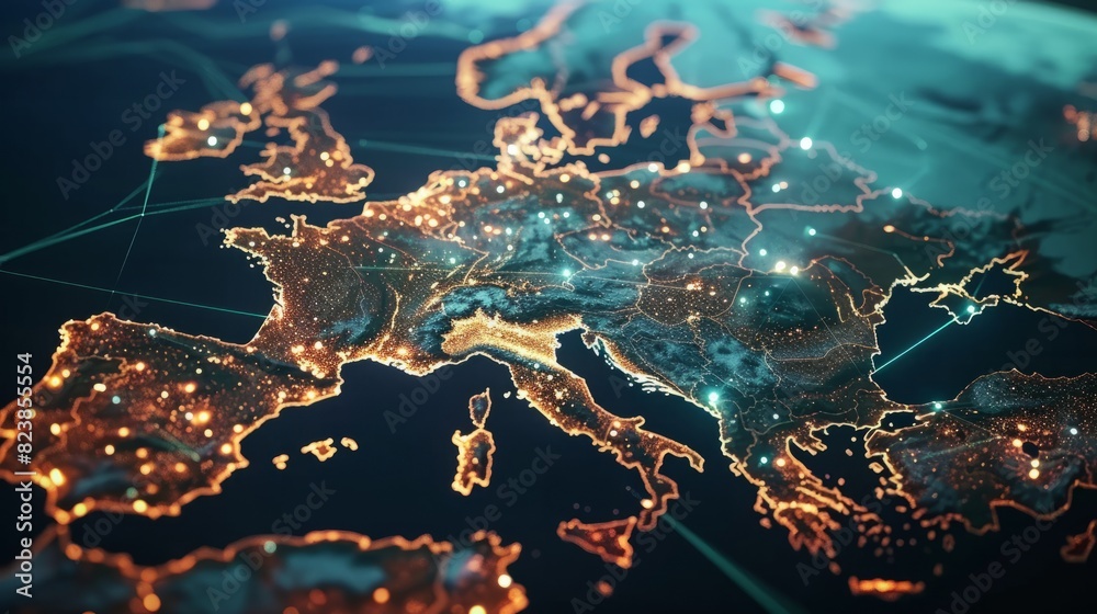 Europe is connected through communication technology to the global internet network. European connection lines for data transfer and communication. IoT, business, money, and security - Generative AI Europe is connected through communication technology to the global internet network. European connection lines for data transfer and communication. IoT, business, money, and security - Generative AI