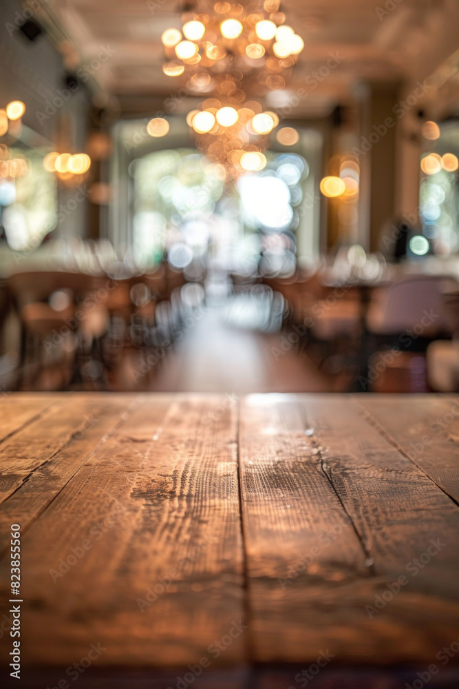 A polished wooden table in the foreground with a blurred background of an elegant restaurant. The background shows beautifully set tables with white linens, stylish chairs and soft ambient lighting A polished wooden table in the foreground with a blurred background of an elegant restaurant. The background shows beautifully set tables with white linens, stylish chairs and soft ambient lighting