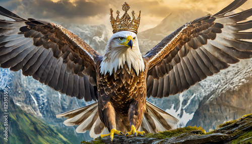 Eagle with large stretched out wings and crown on head