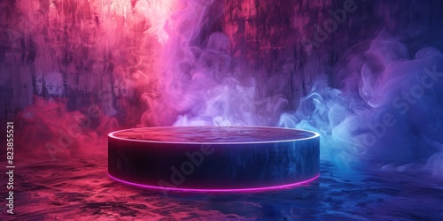 Abstract neon platform with vibrant colorful lights and smoke, perfect for modern futuristic backgrounds and design concepts.