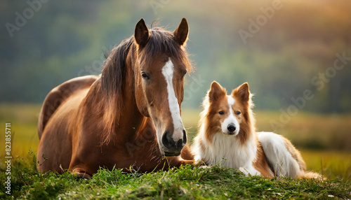 Dog and horse lie on grass next each other and rest