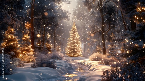 Enchanting Snowy Forest Landscape with Illuminated Christmas Tree