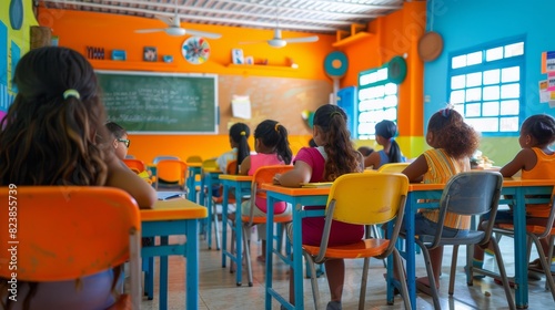 Group of Children Sitting at Desks in Classroom