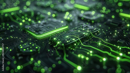Close-up of a futuristic green glowing circuit board, symbolizing advanced technology and innovation in electronics and computing.