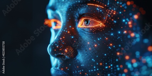 Close-up of a human face with futuristic digital patterns, showcasing technology and artificial intelligence concepts in a visually stunning manner. #823855758