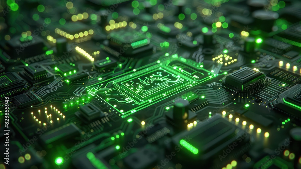 Close-up view of a glowing green circuit board, showcasing intricate details of electronic components and pathways. Close-up view of a glowing green circuit board, showcasing intricate details of electronic components and pathways.