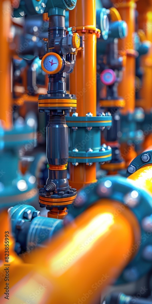 Colorful industrial pipes, valves, and gauges in a vibrant and complex network, showcasing engineering and industrial design. Colorful industrial pipes, valves, and gauges in a vibrant and complex network, showcasing engineering and industrial design.