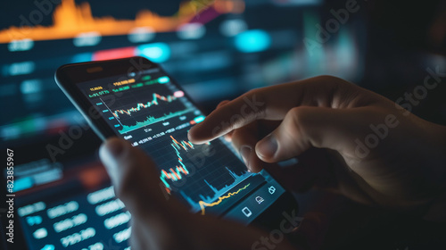 Businesswoman trading stocks with mobile phone and graph Analysis in desktop computer