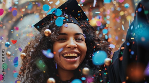 Woman in Graduation Cap and Gown Surrounded by Confetti