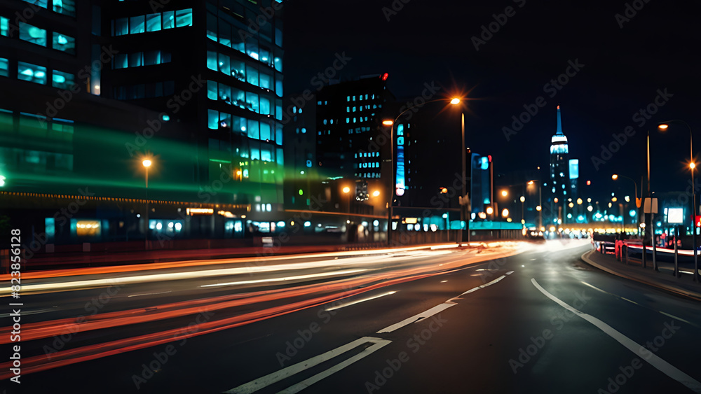 Image of Blurry view of city traffic lights and car at night for background wallpaper.- Generated AI