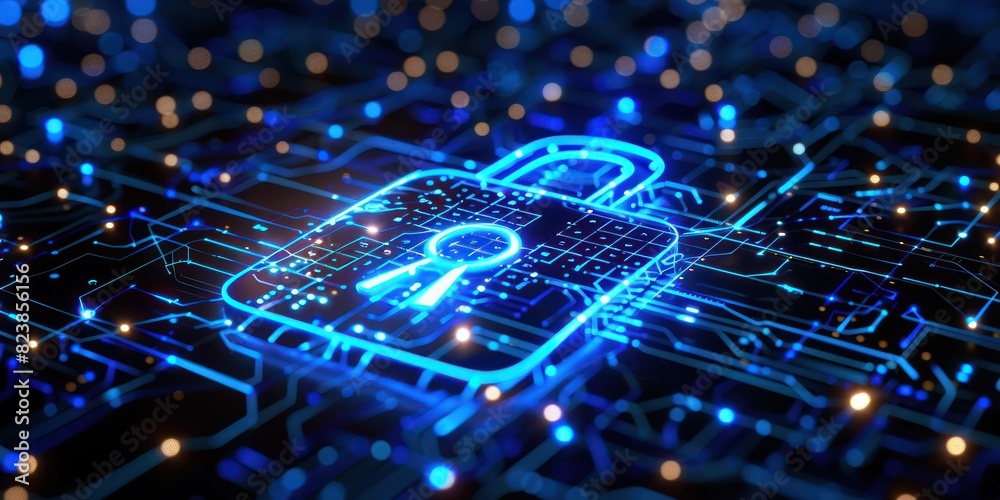 Obraz premium Digital security concept with a glowing lock symbol representing data protection and privacy in a technological network.