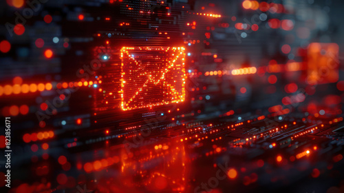 Digital representation of email communication in bright red neon lights, symbolizing modern technology and information transfer.