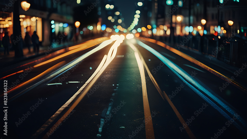 Image of Blurry view of city traffic lights and car at night for background wallpaper.- Generated AI Image of Blurry view of city traffic lights and car at night for background wallpaper.- Generated AI
