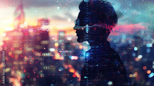 of a tech entrepreneur's silhouette blended with a digital cityscape displaying connectivity and network patterns, symbolizing innovation and the digital age, business, vibrant cit