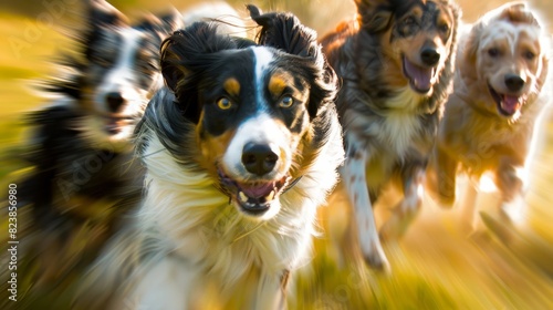 Valokuva of herding dogs like Australian Shepherds and Border Collies against a dynamic,