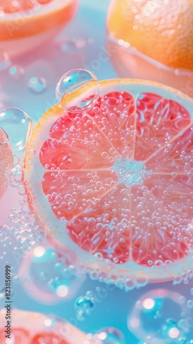pink grapefruit in water with bubbles on blue background