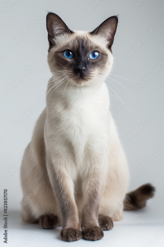 A Siamese cat with blue eyes is sitting on a white surface